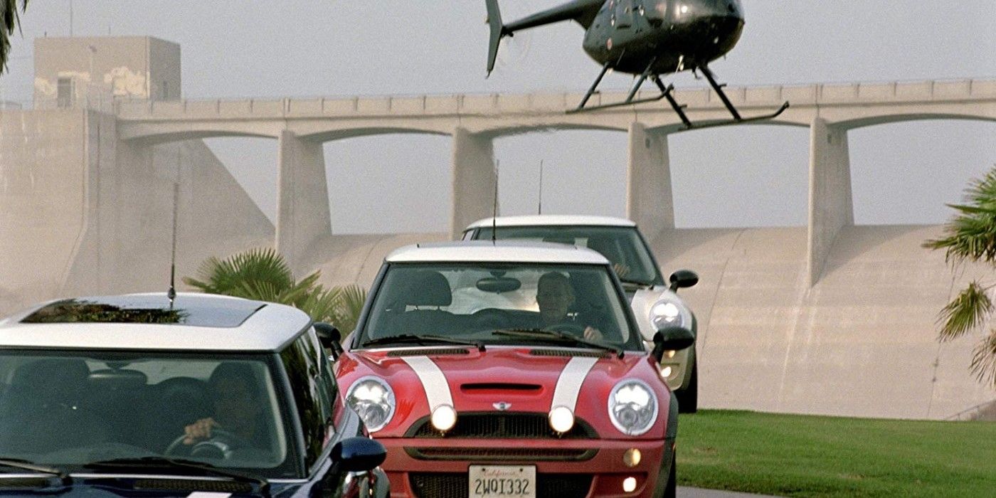 A helicopter chases three Mini Coopers in The Italian Job