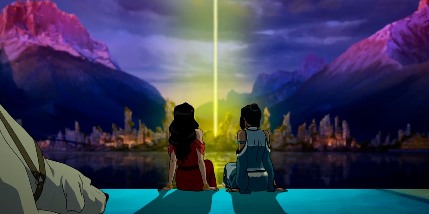 Korra e Asami olhando para o portal espiritual na Lenda de Korra