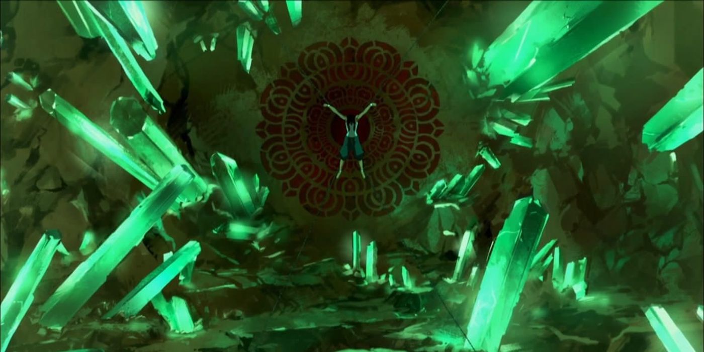 Korra chained up in a cave in the legend of Korra