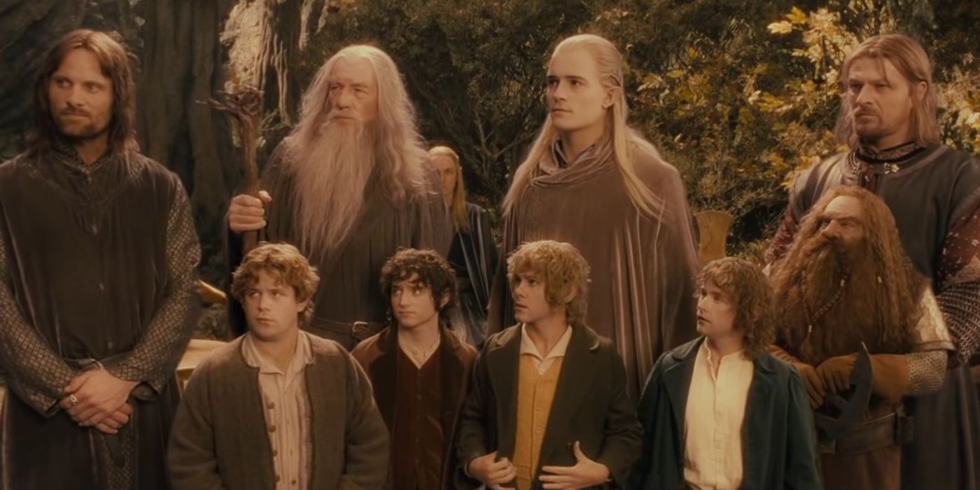 The entire fellowship gathered in The Lord of the Rings: The Fellowship of the Ring