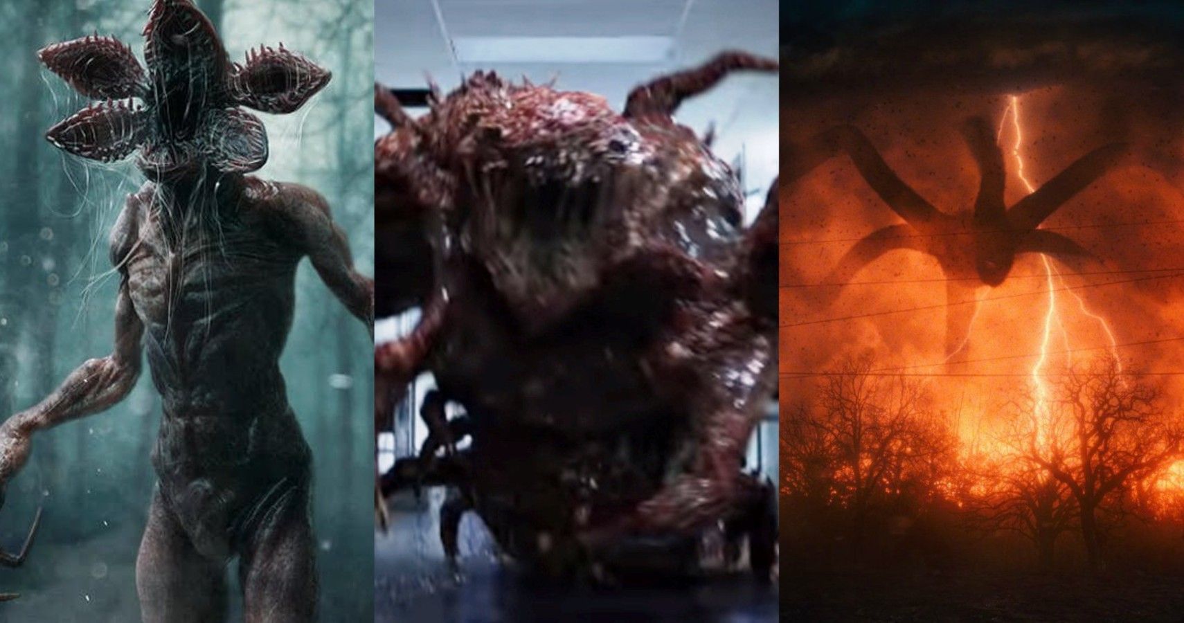Split image of the Demogorgon, the Hospital Monster, and the Mind Flayer from Stranger Things