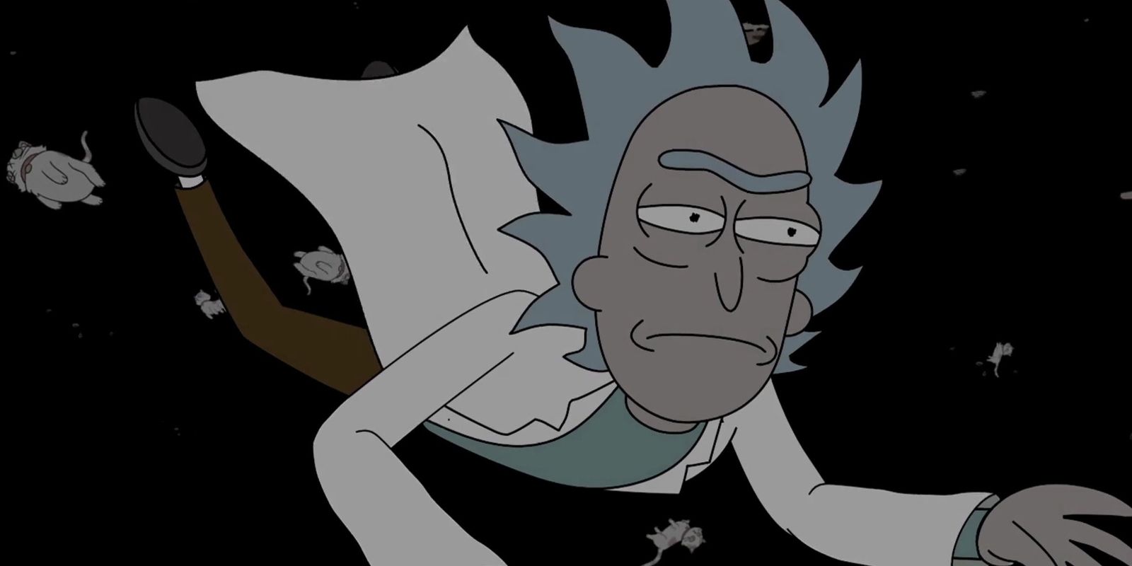 Rick floating in space after giving Morty his timeline collar in Rick and Morty,