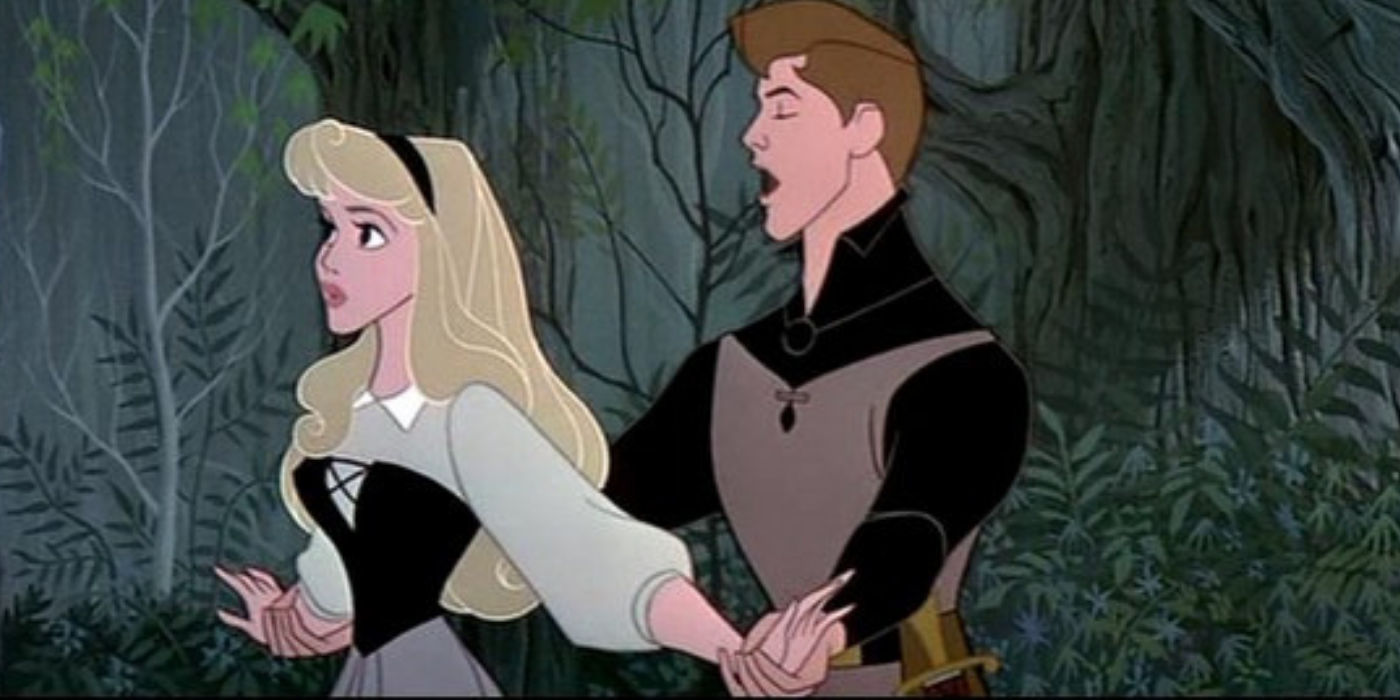 Aurora and Prince Phillip dancing in the animated Sleeping Beauty