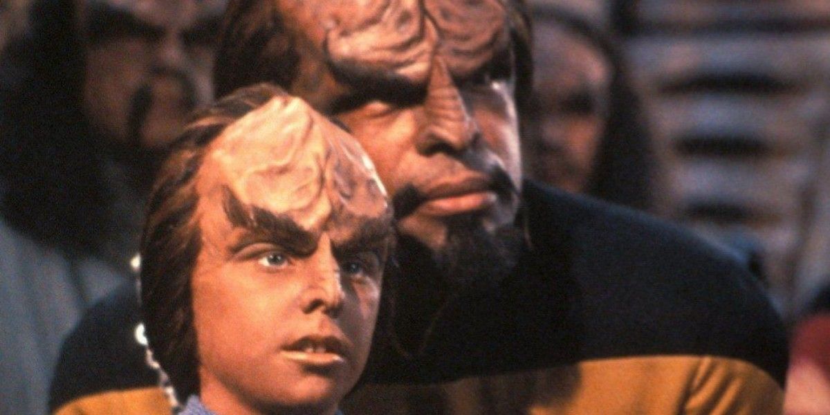 Worf and Alexander stand close together from Star Trek TNG