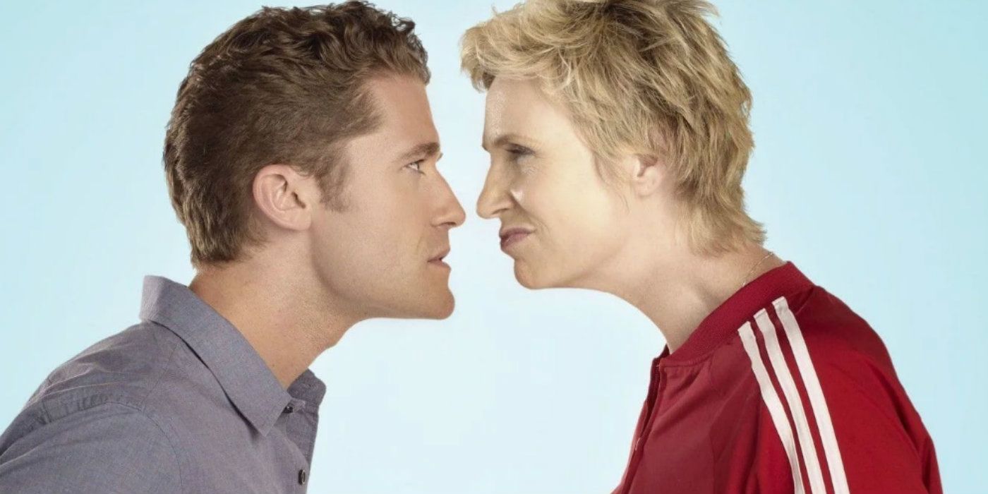 Sue and Will face off in a promotional photo for Glee