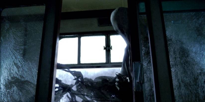 A Dementor opening a carriage door on the Hogwarts Express in Harry Potter and the Prisoner of Azkaban.