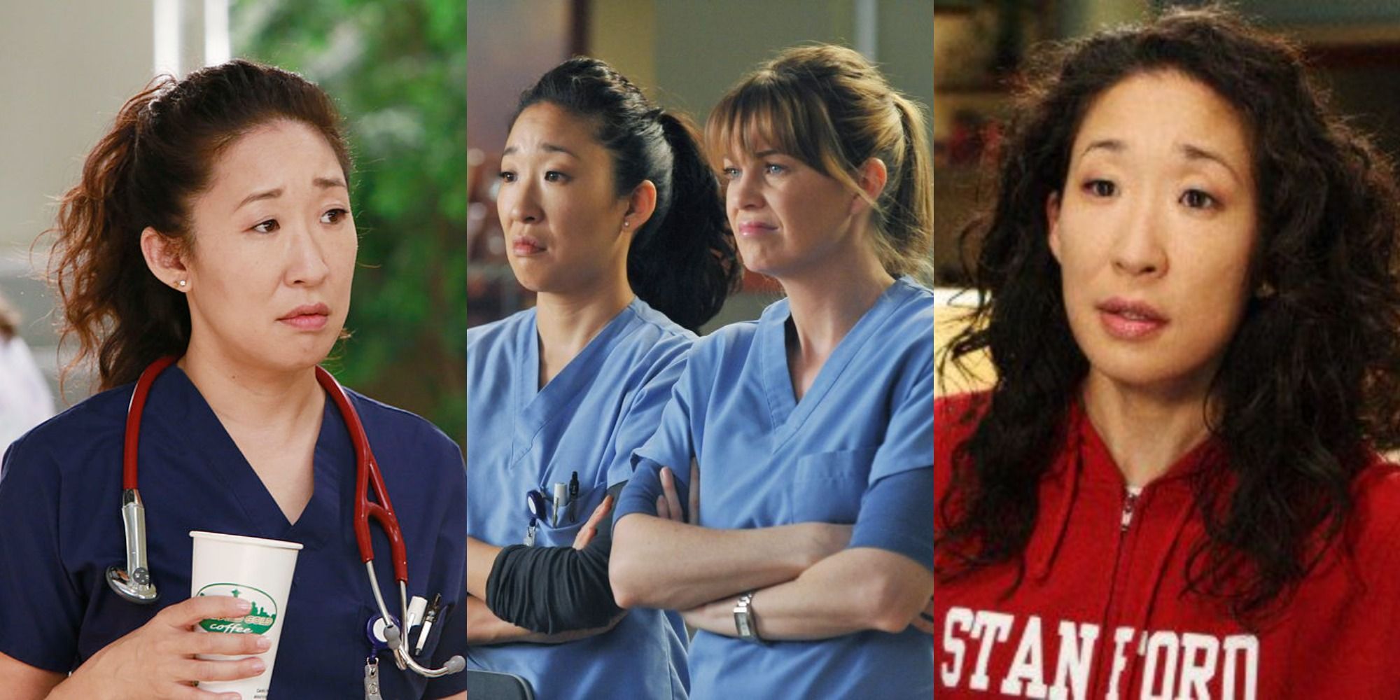 A split image of Meredith and Cristina scowling, and Cristina wearing a Stanford jumper in Grey's Anatomy