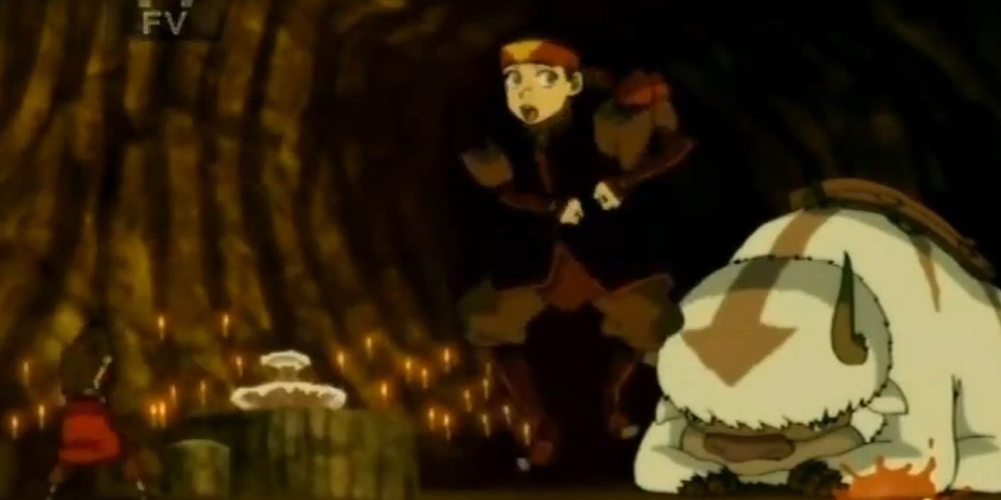 Aang dancing in a Fire Nation cave alongside Appa in Avatar: The Last Airbender