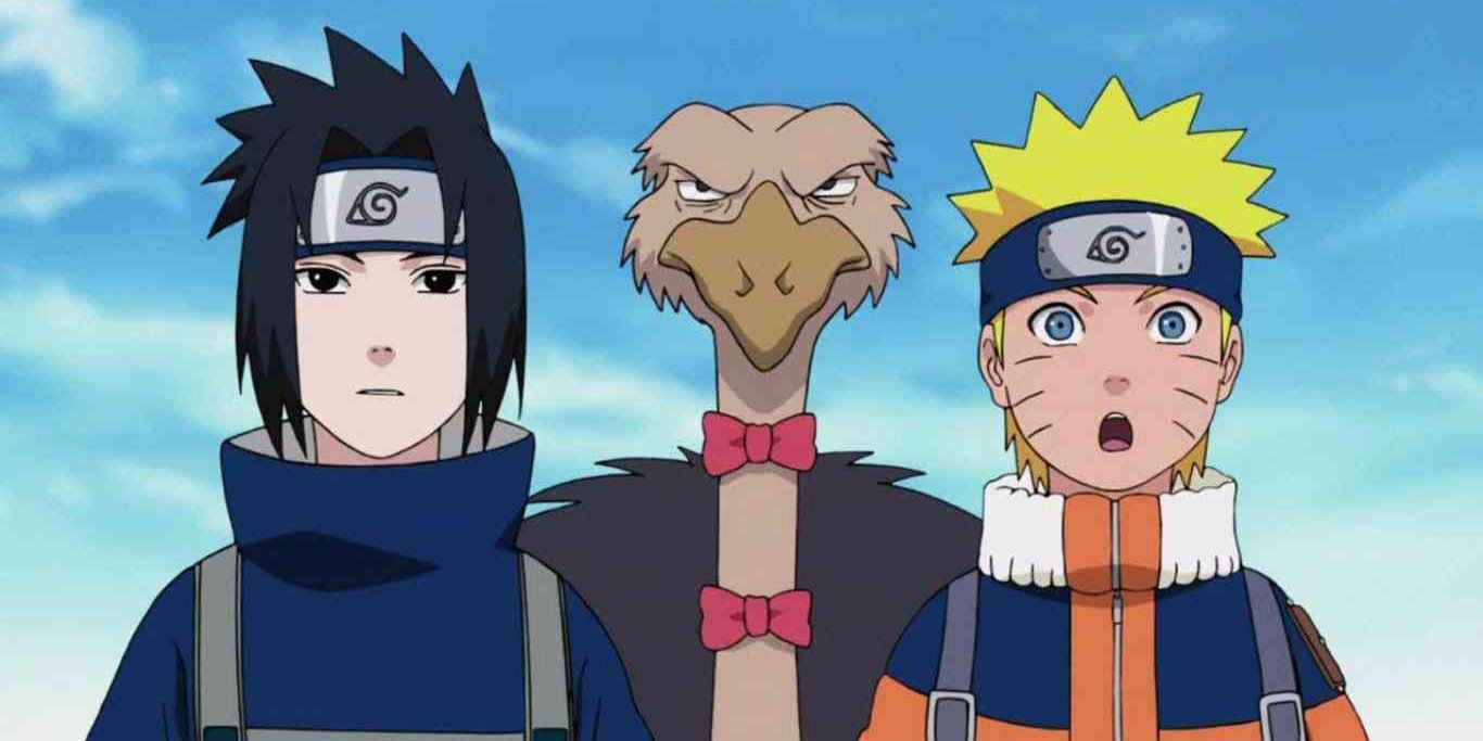 Naruto and Sasuke stand in front of a loose ostrich