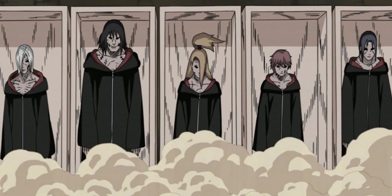 The resurrected corpses of dead Akatsuki members in coffins on Naruto