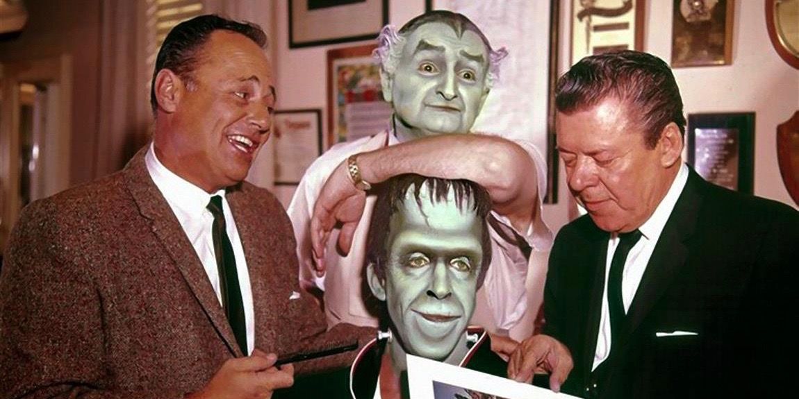 Al Lewis and Fred Gwynne as Grandpa and Herman Munster on The Munsters Set