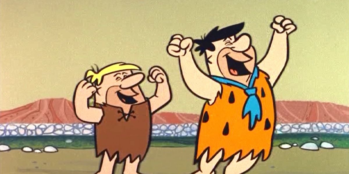 Barney Rubble and Fred Flintstone cheer in The Flintstones