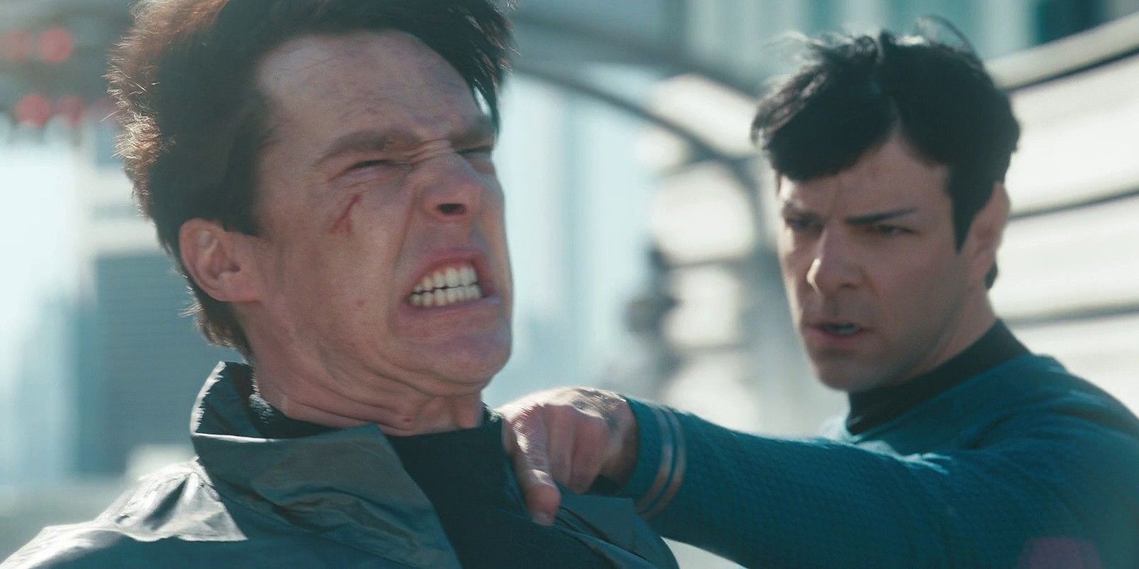 Benedict Cumberbatch as Khan and Zachary Quinto as Spock in Star Trek Into Darkness
