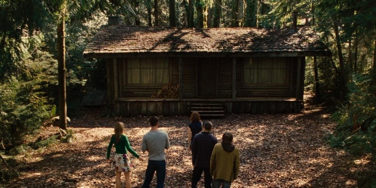 The characters looking at the cabin in The Cabin In The Woods