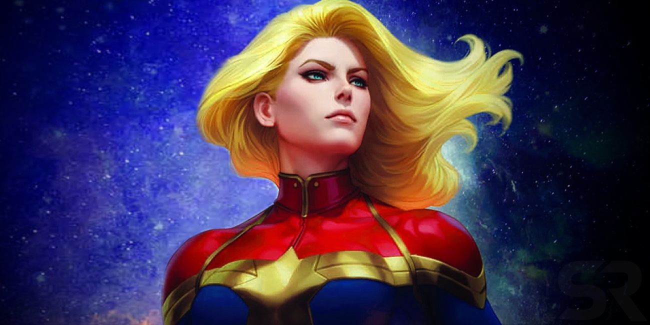 Captain Marvel standing proud against a backdrop of stars