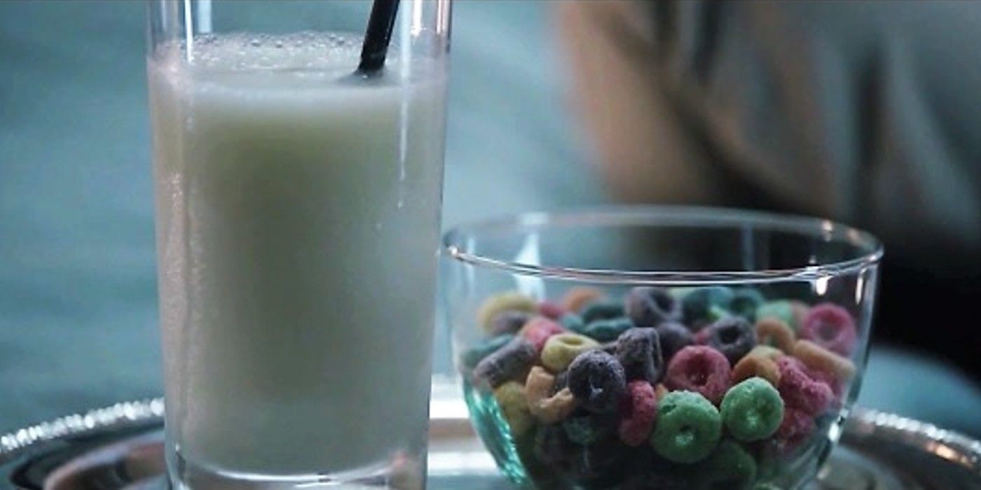 A close up of Rose's separated Froot Loops and Milk