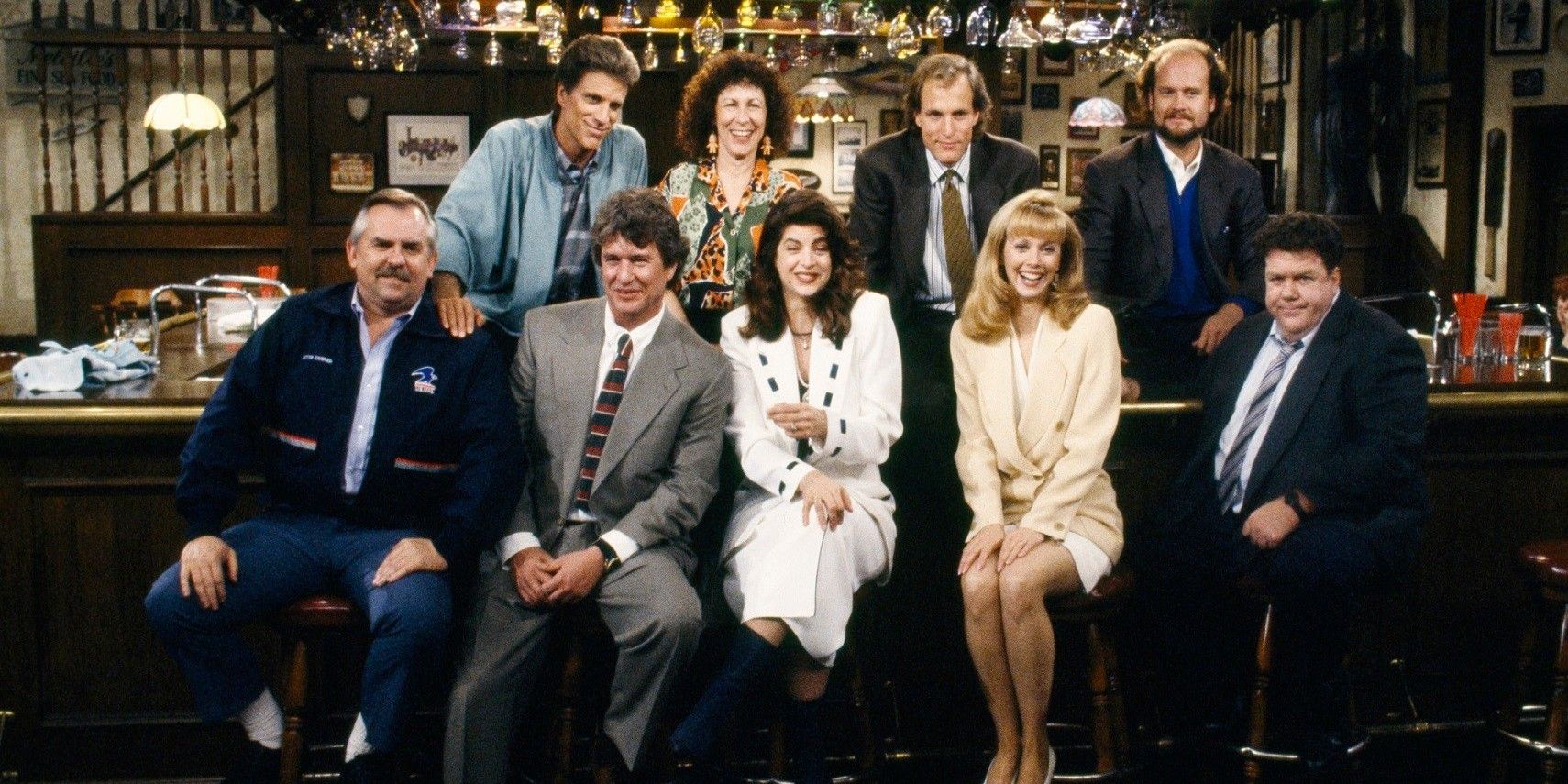 The cast of Cheers together in the bar