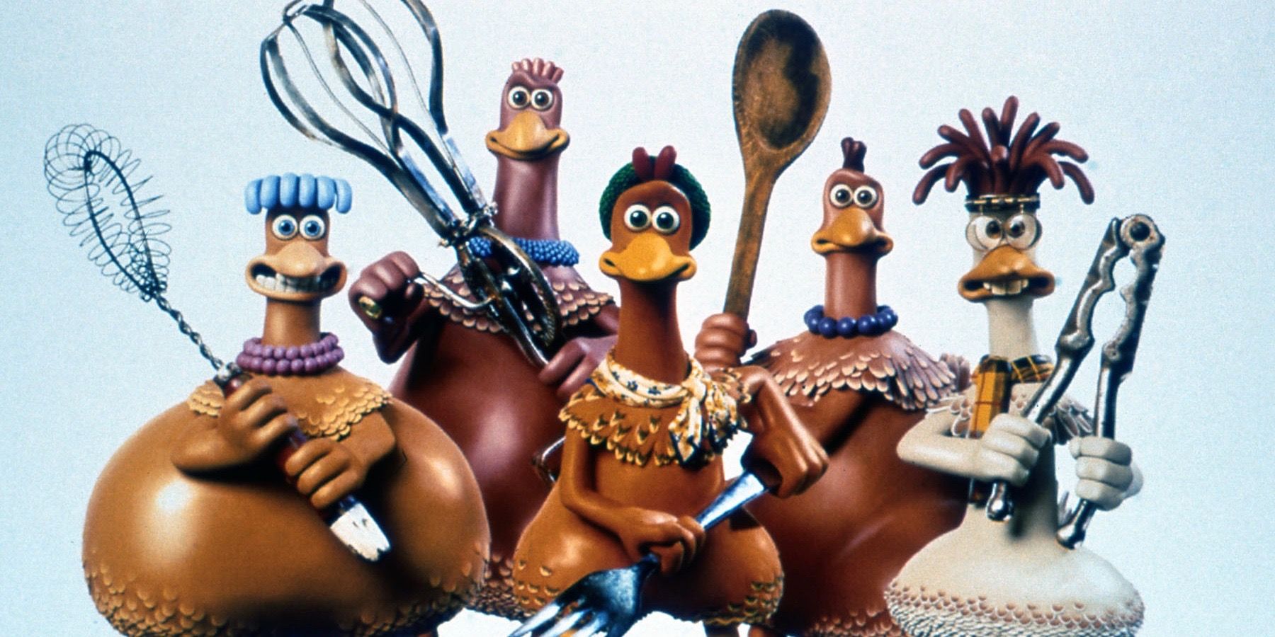 Chicken Run characters holding various kitchen utensils. 