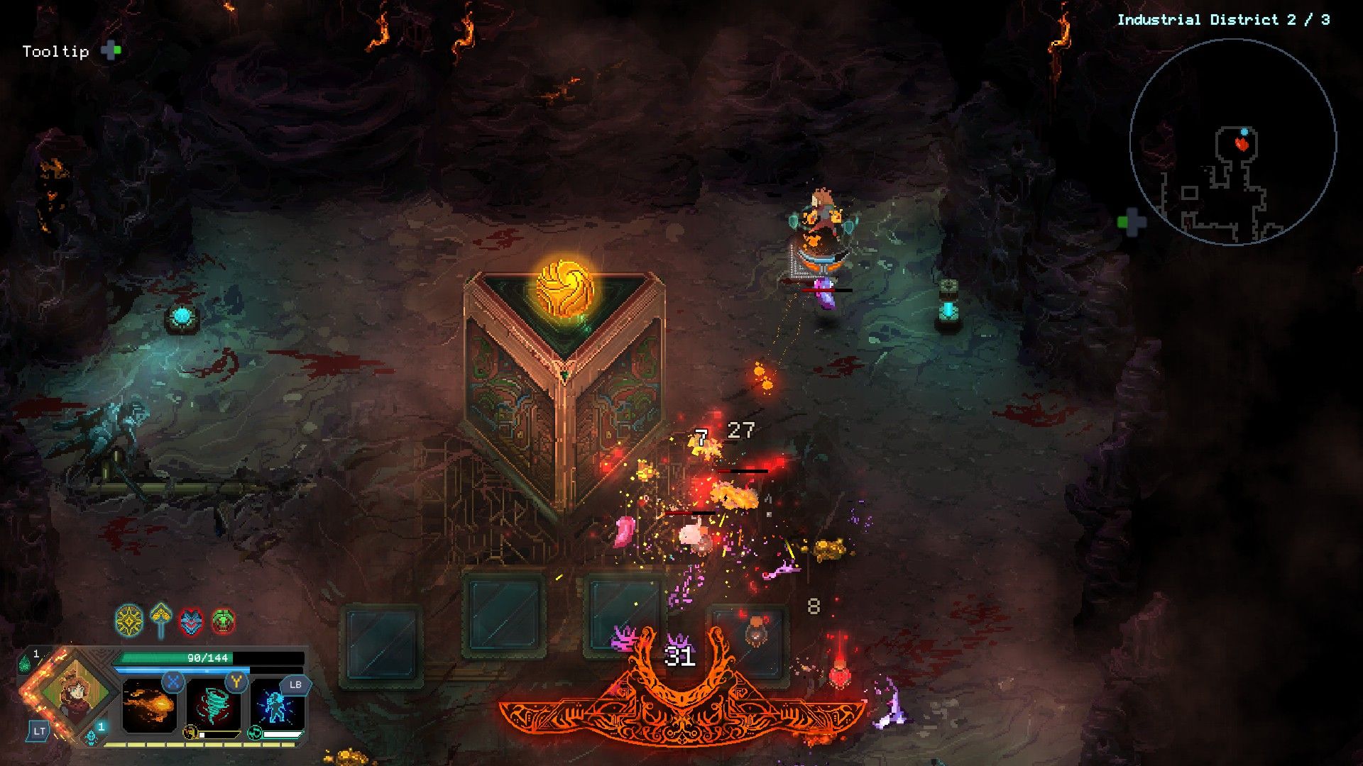 Lucy in Children of Morta, attacking enemies with fireballs