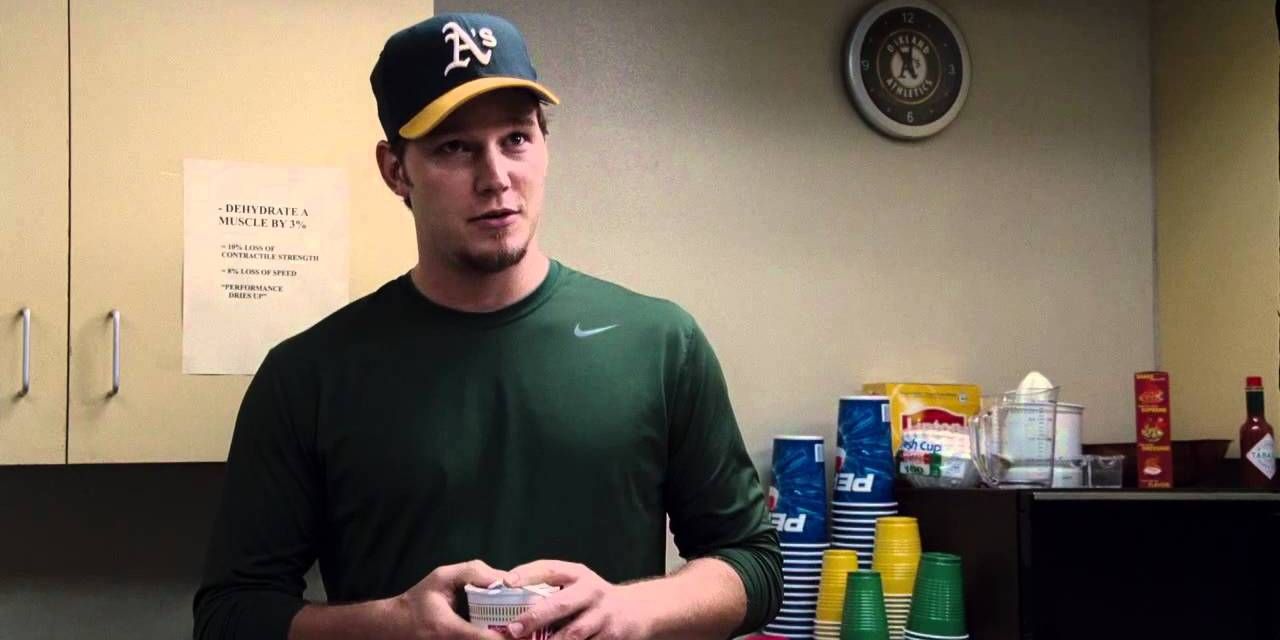 Chris Pratt in baseball uniform in Moneyball