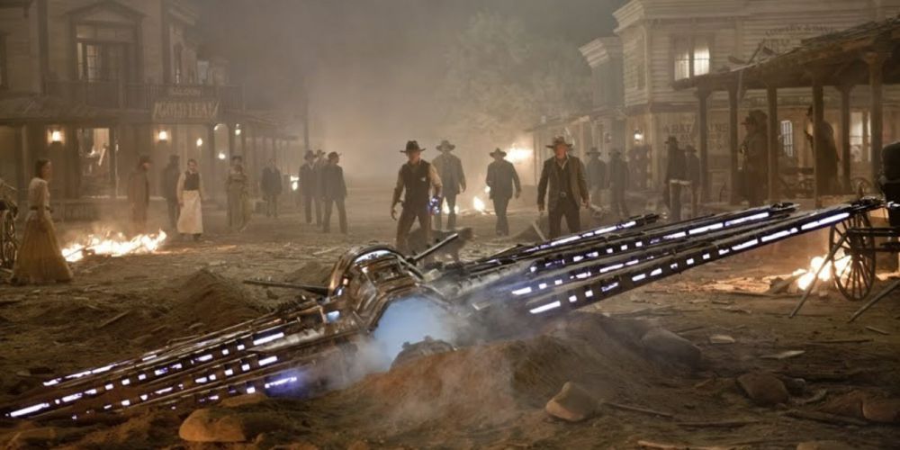 Povos da cidade cercando uma nave alienígena em Cowboys & Aliens