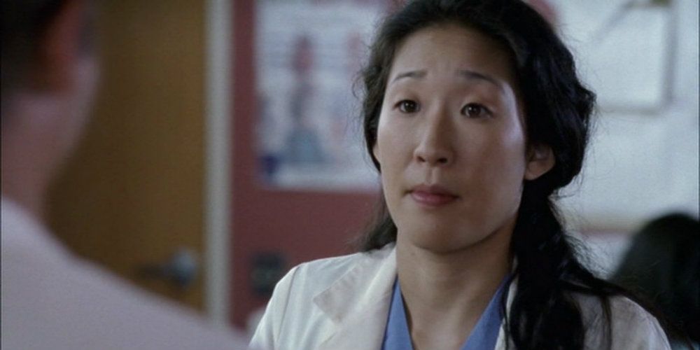 Cristina Yang looking concerned on Grey's Anatomy