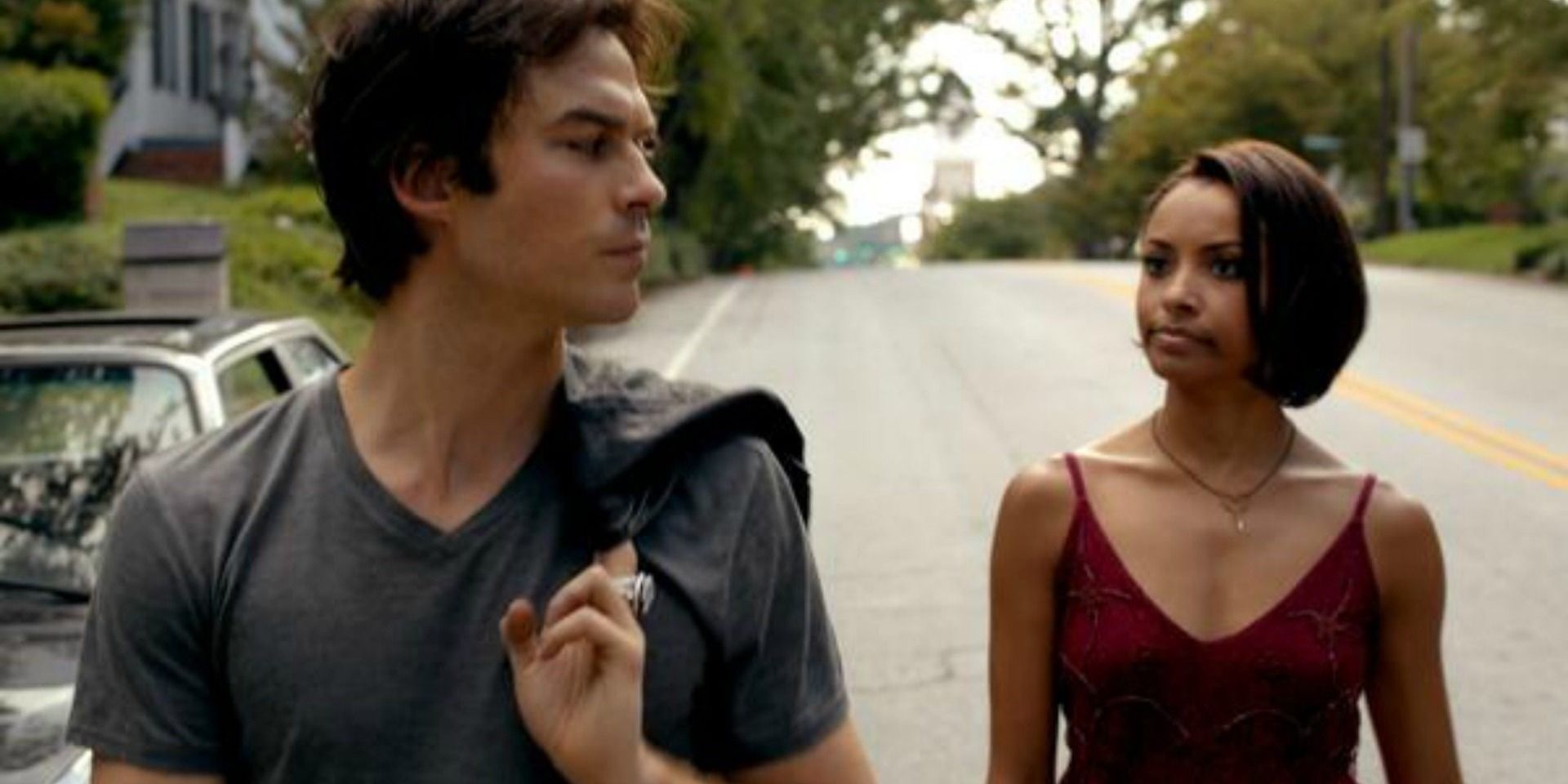 Damon looking back at Bonnie on The Vampire Diaries
