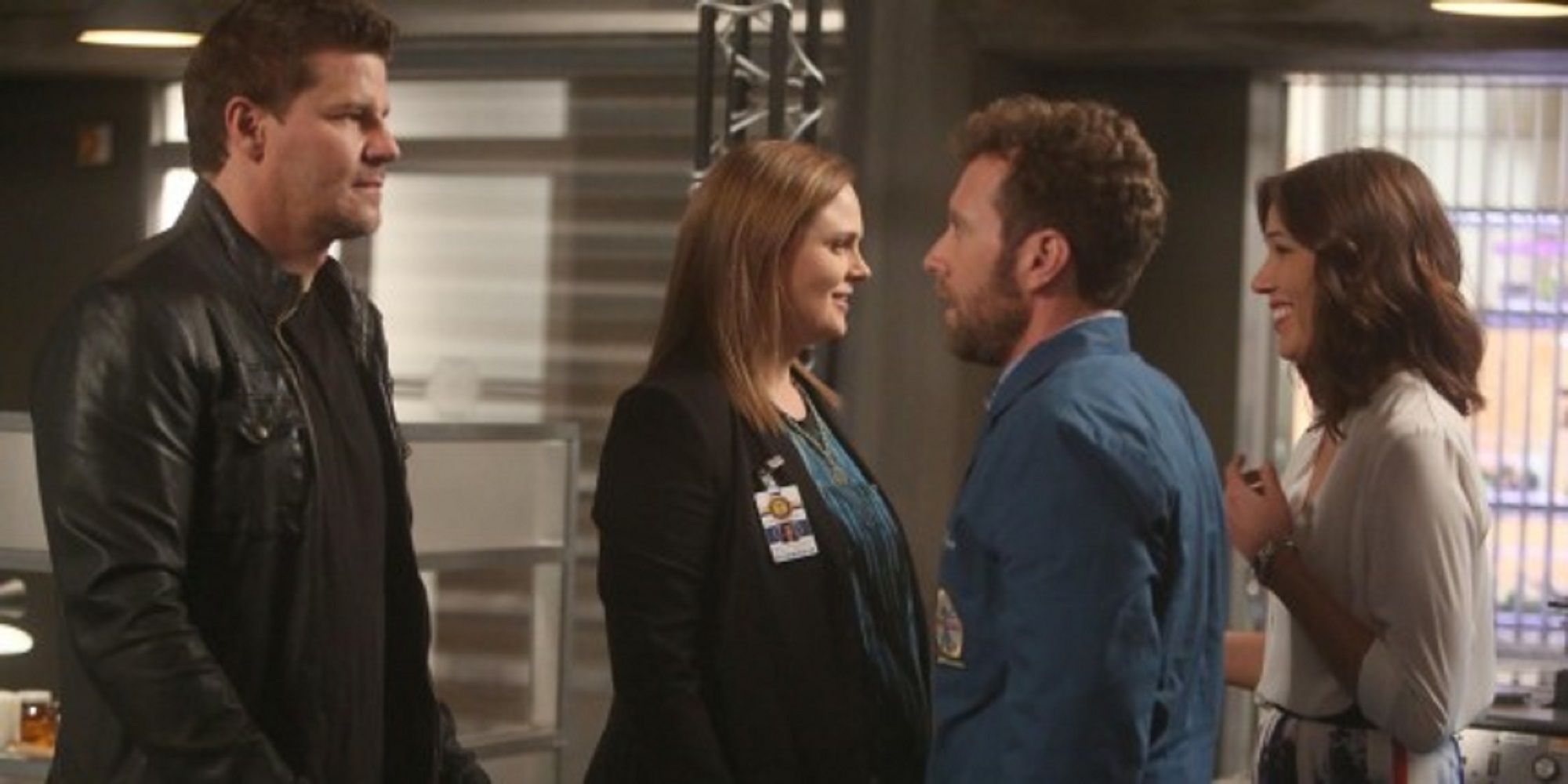 Booth, Brennan, Hodgins, and Angela smiling at each other on Bones