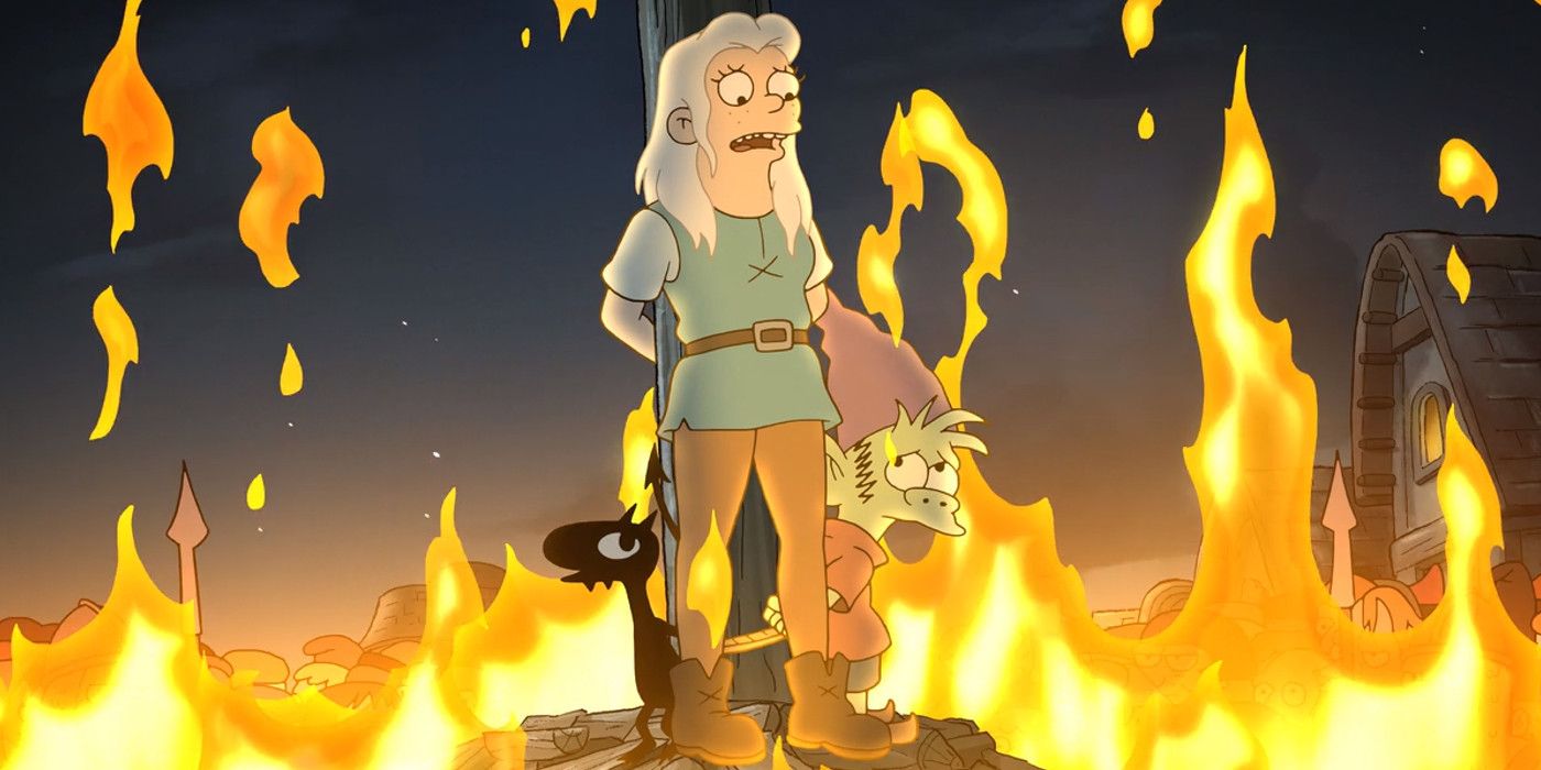 Disenchantment's Bean Elfo and Luci burning at the stake