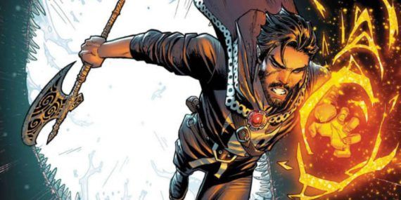 Doctor Strange flies holding an axe in the comics