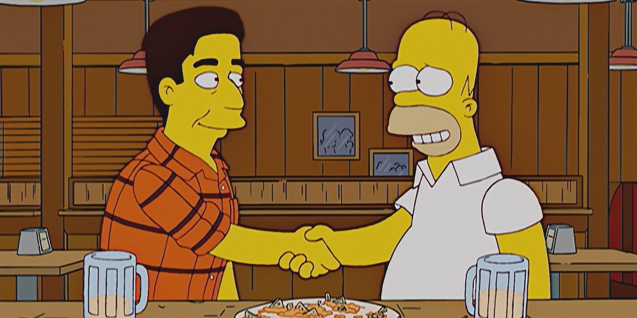 Ray and Homer shaking hands in a bar in The Simpsons.