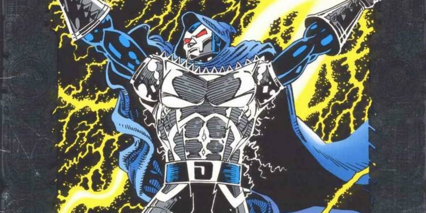 Doom 2099 extends his arms to the sky in Marvel Comics.