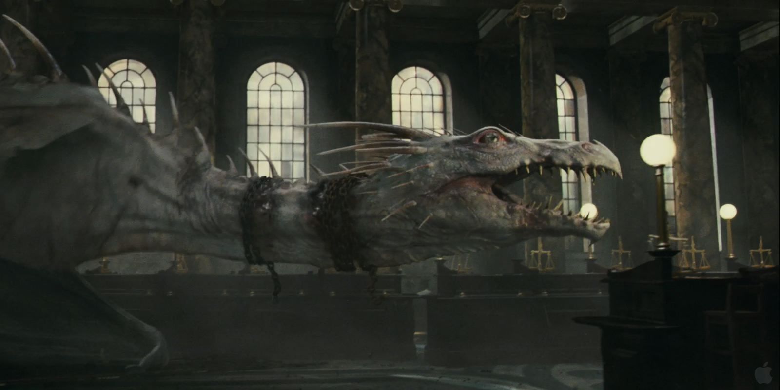 The Gringotts dragon escapes the bank and crashes through the lobby in Deathly Hallows - Part 1