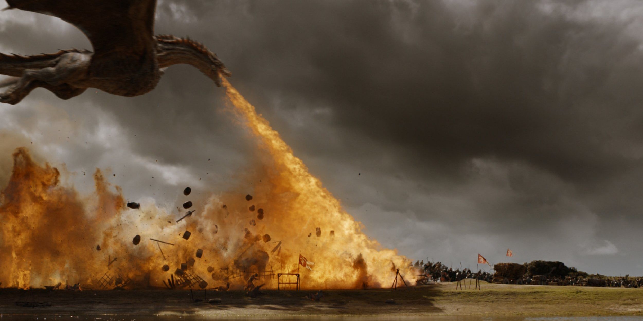 Drogon breathes fire on the Lannister forces in Game of Thrones
