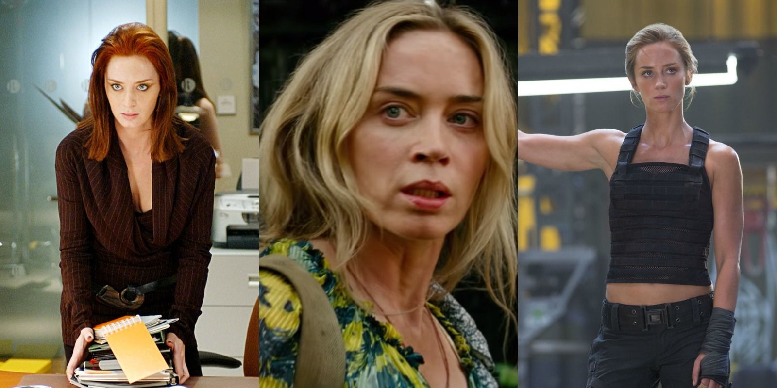 Split image of Emily Blunt in The Devil Wears Prada, A Quiet Place Part 2 and Edge of Tomorrow