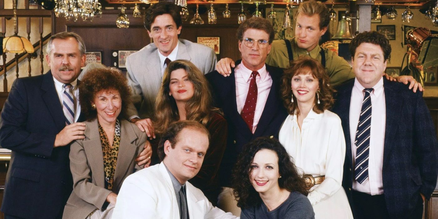 The cast of Cheers pose for a photo
