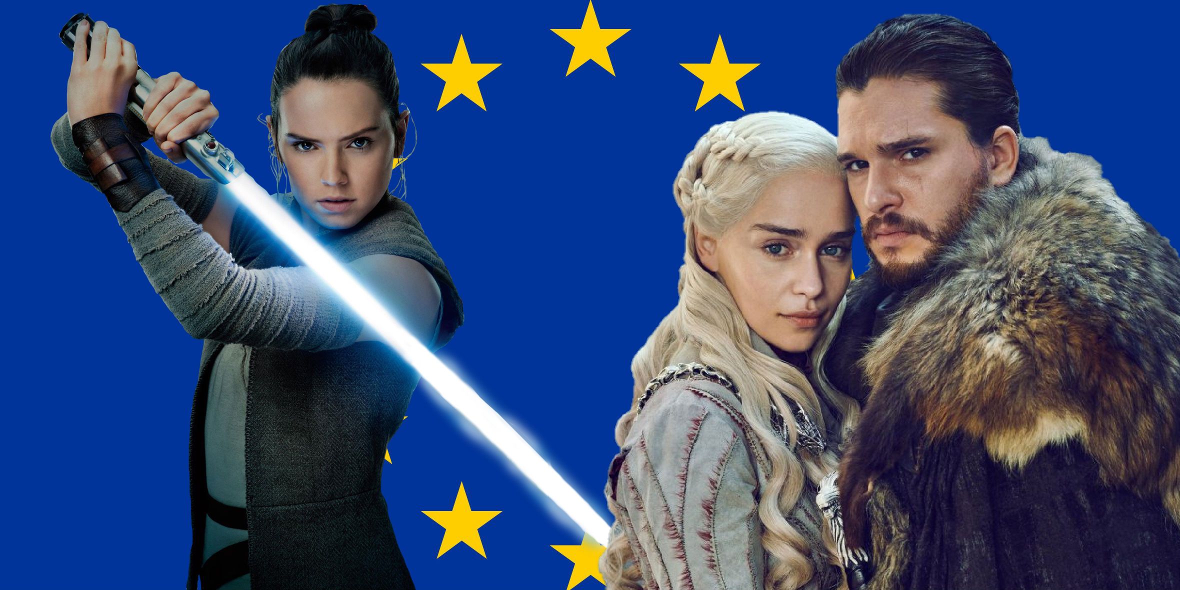 European Flag Daisy Ridley as Rey in Star Wars, Emilia Clarke as Daenerys Targaryen and Kit Harington as Jon Snow in Game of Thrones