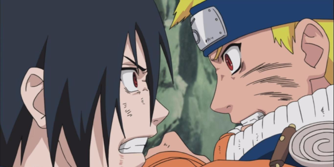 Naruto and Sasuke Fight in Naruto with faces close together and teeth bared.
