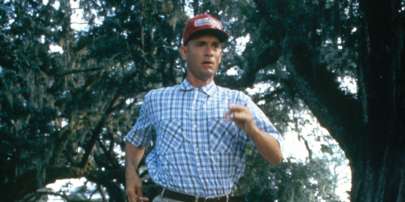 Forrest Gump Running through a tree lined street with his cap on