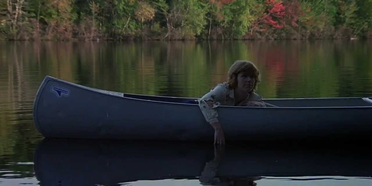 Adrienne King as Alice Hardy in canoe Friday the 13th final jump scare