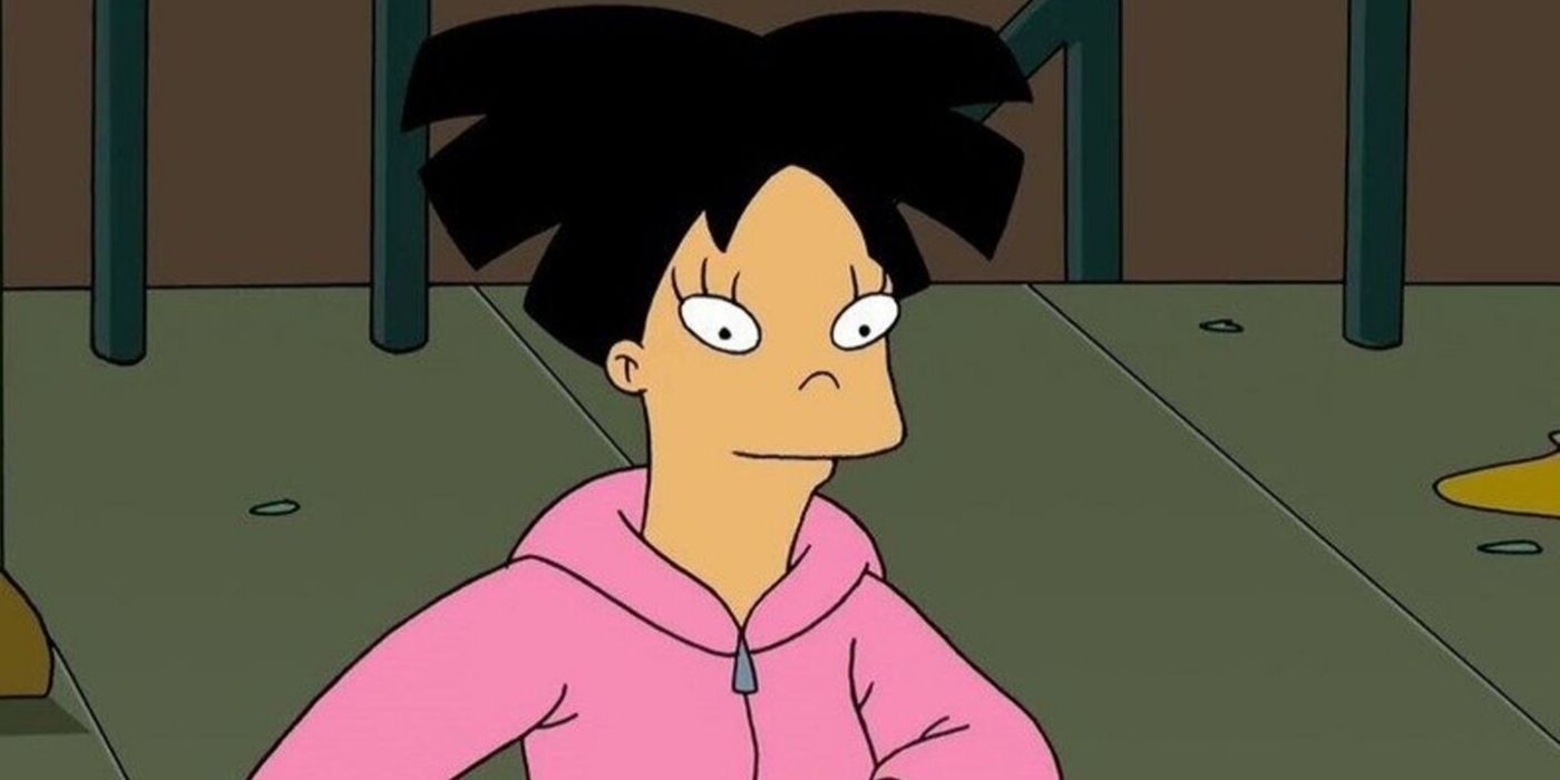 Futurama's Amy in a pink sweatshirt.