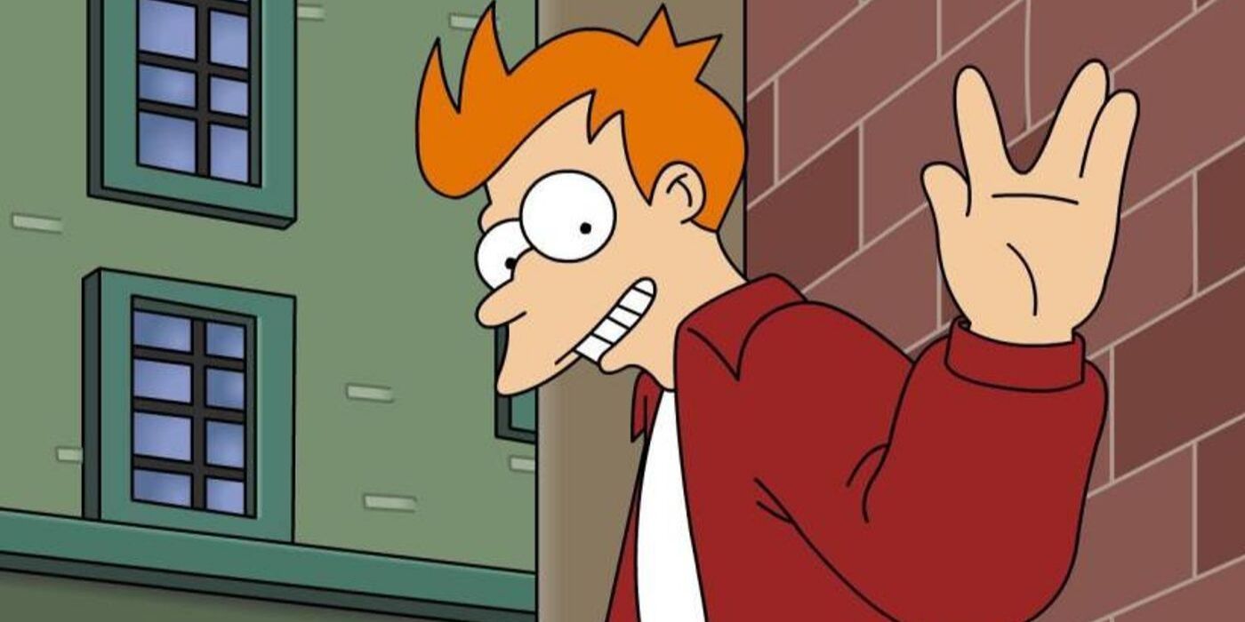 Futurama's Fry doing the star trek hand gesture.