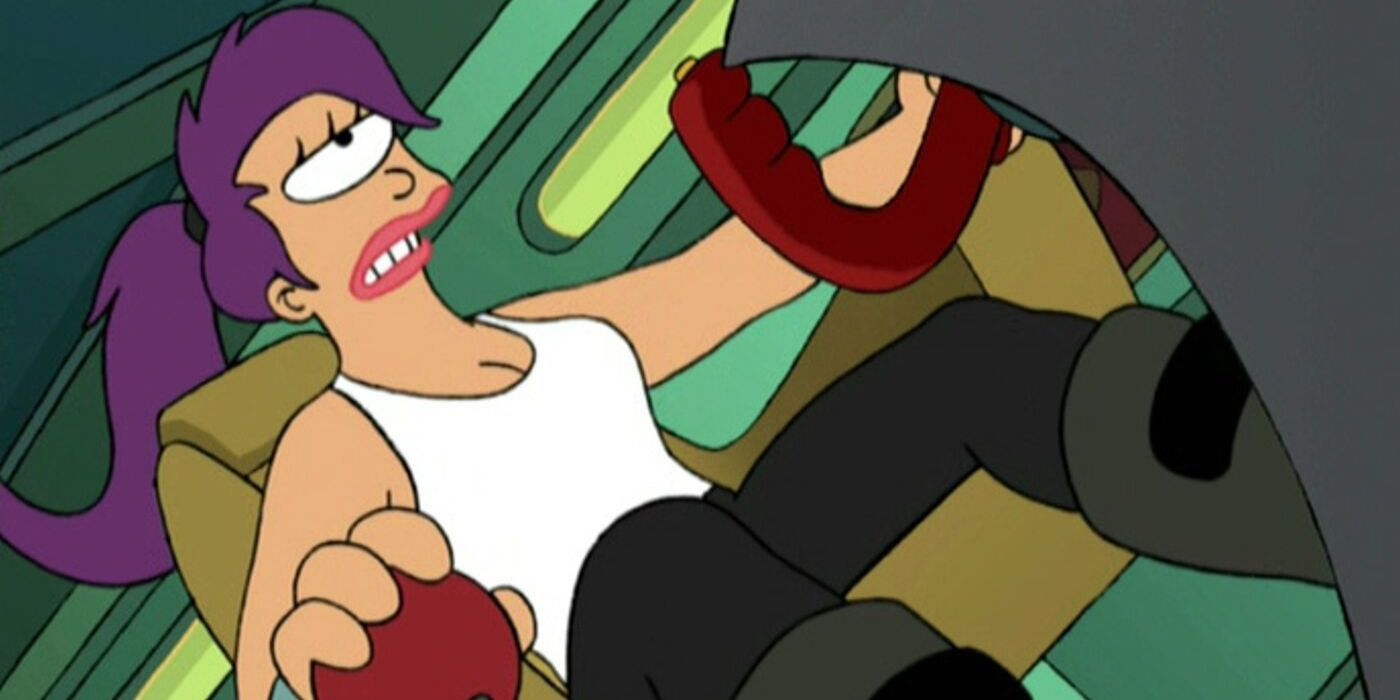 Futurama's Leela steering the Planet Express ship.