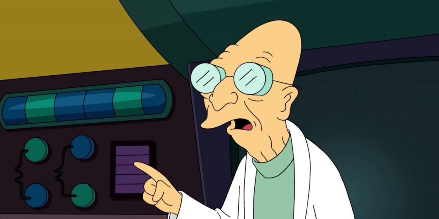 Professor Farnsworth raising his hand and pointing in Futurama.