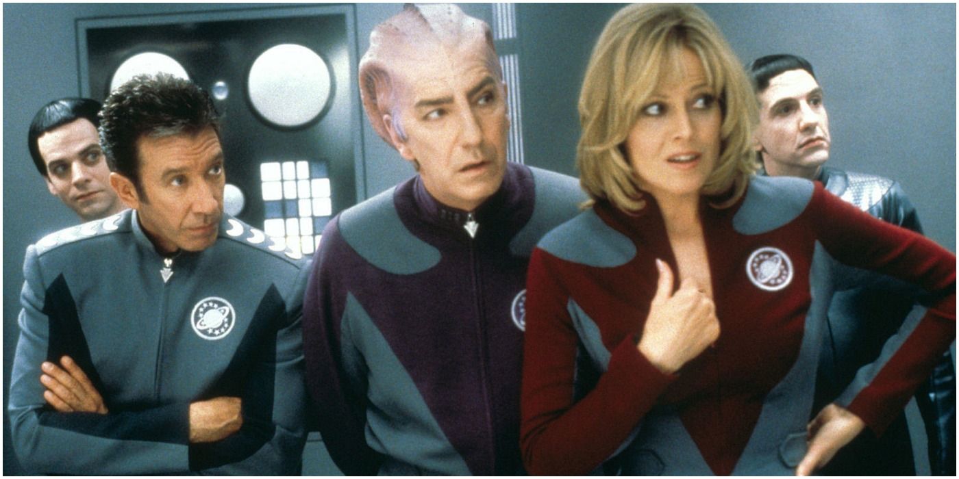 Tim Allen, Alan Rickman, and Sigourney Weaver on the bridge in Galaxy Quest