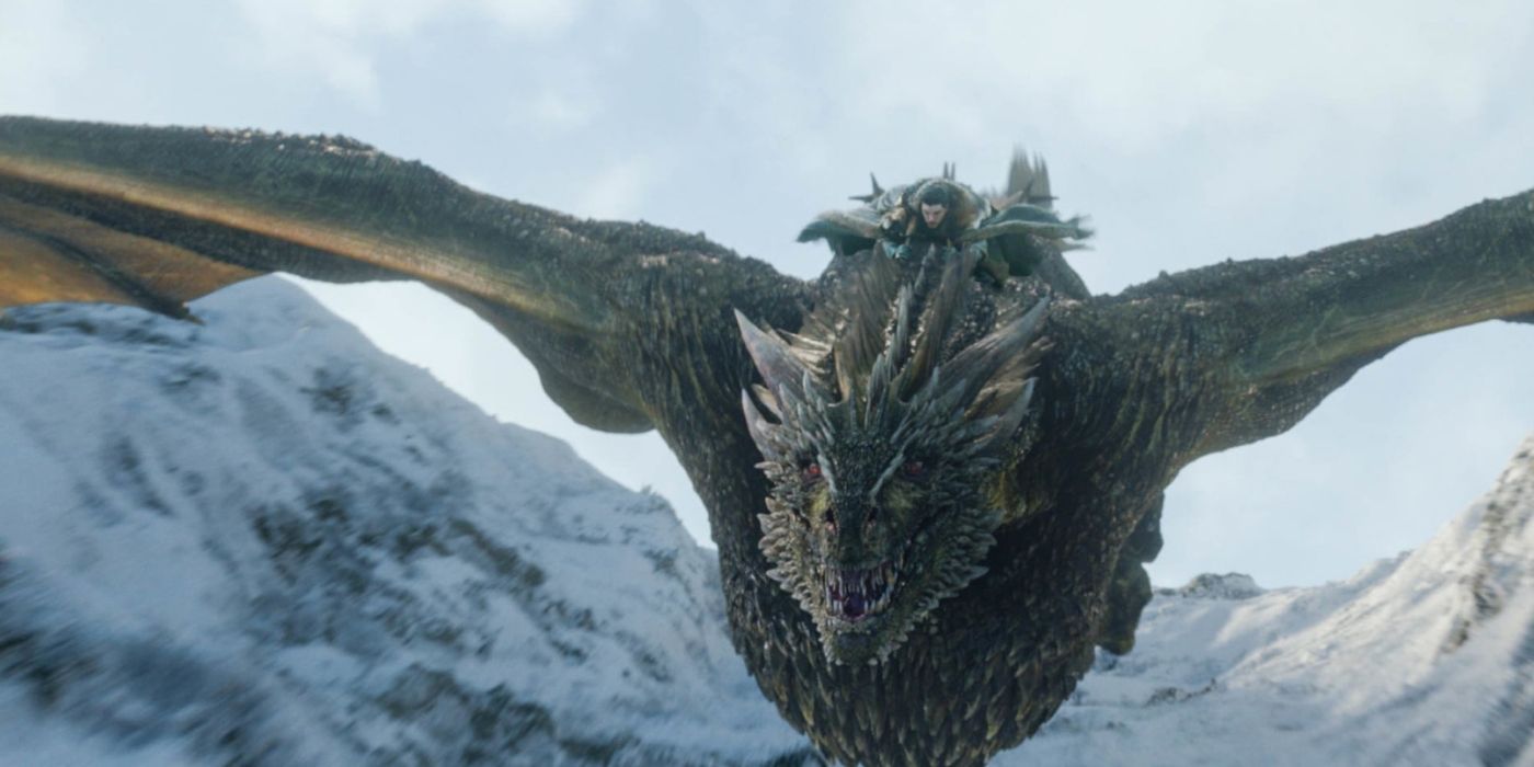Rhaegal flying with Jon Snow on Game of Thrones 