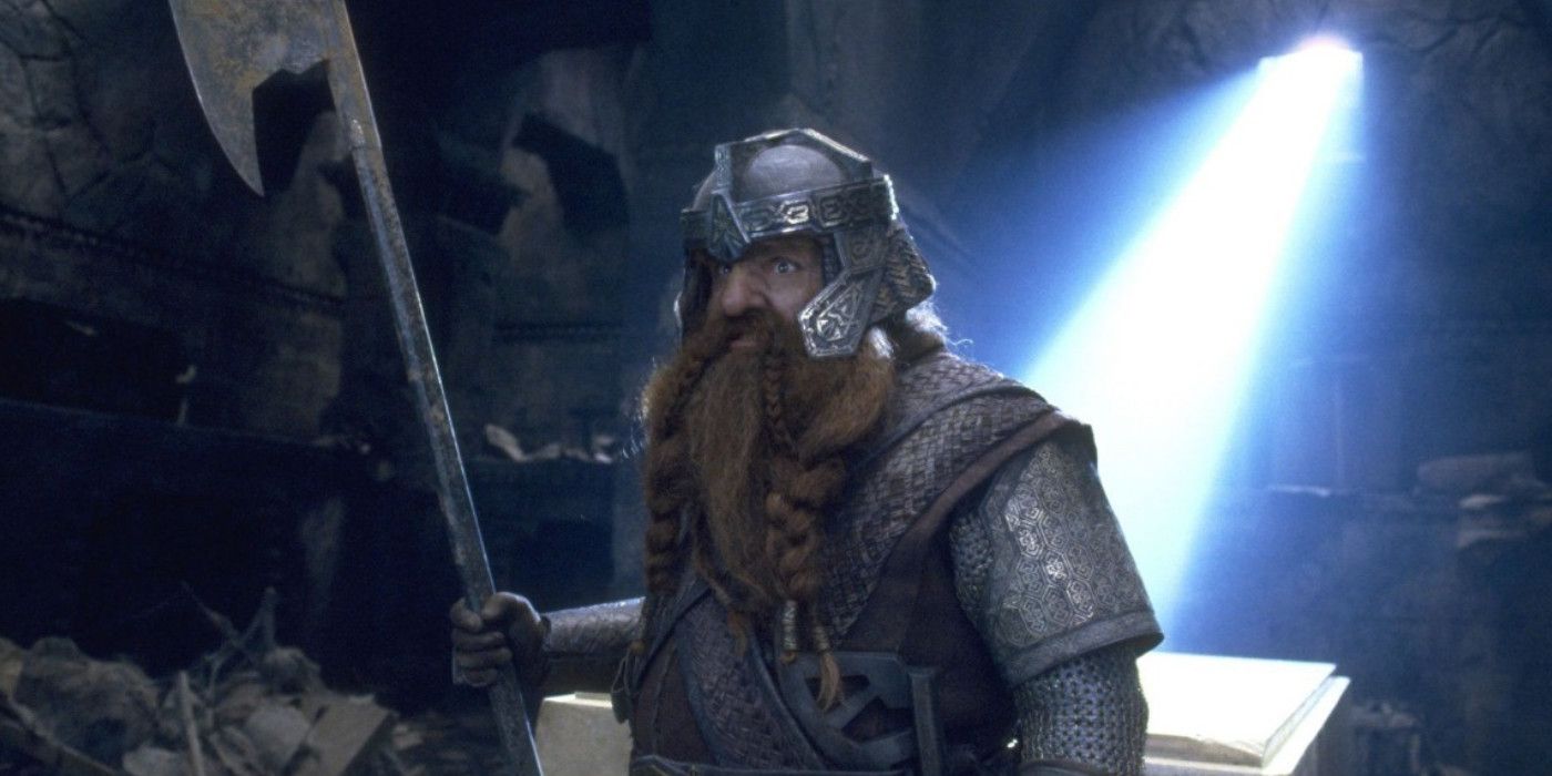Gimli holding his ax in Moria from The Lord of the Rings