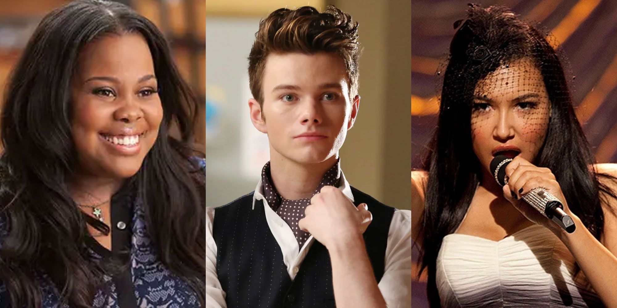 A split image features Glee characters Mercedes, Kurt, and Santana