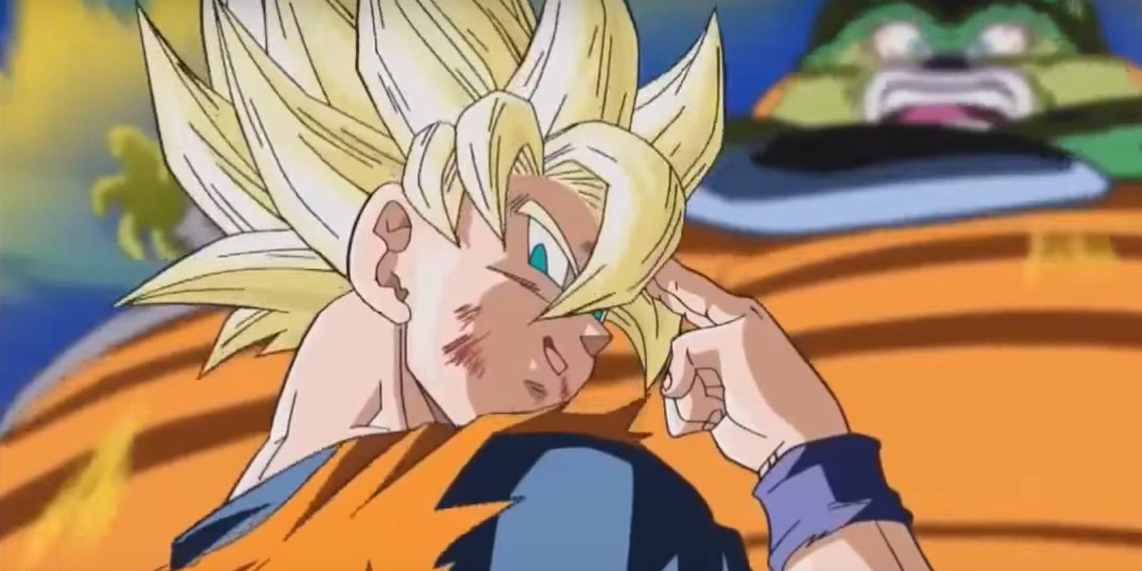 Goku sonríe y se despide con la mano en forma de Super Saiyan mientras la celda carga detrás de él.