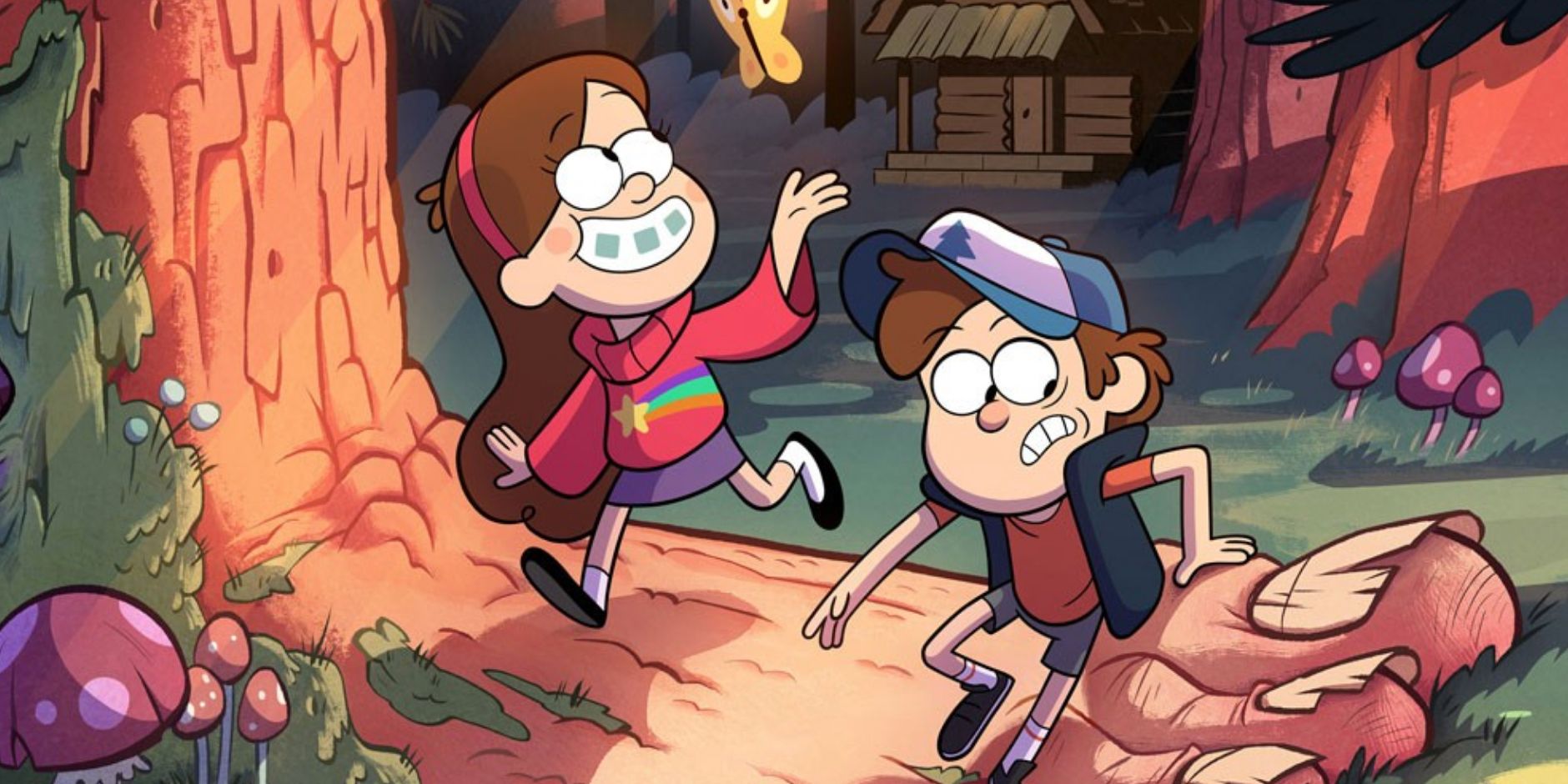 Two characters running in the forest in Gravity Falls On Disney Channel